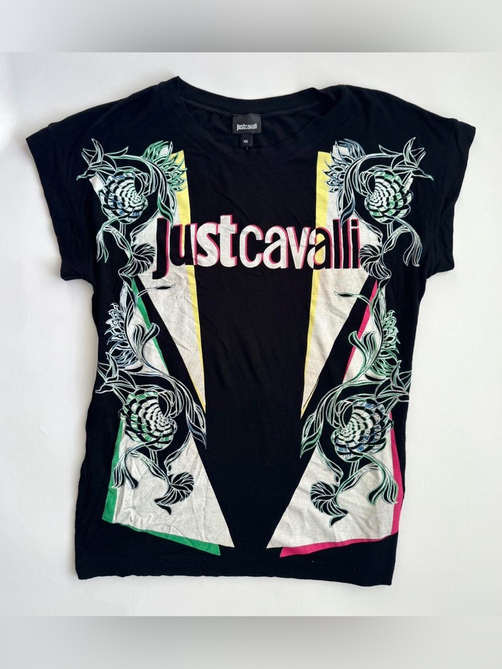 Just Cavalli Black Short-Sleeve Logo Slouch Top Floral Graphic and Neon Accents
